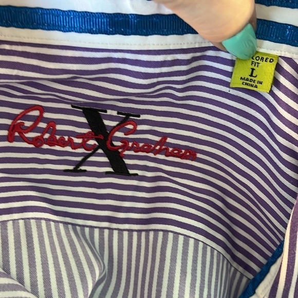 Robert Graham X Casual Button Down Shirt Striped Flip Cuff Size Large Purple - Picture 7 of 9
